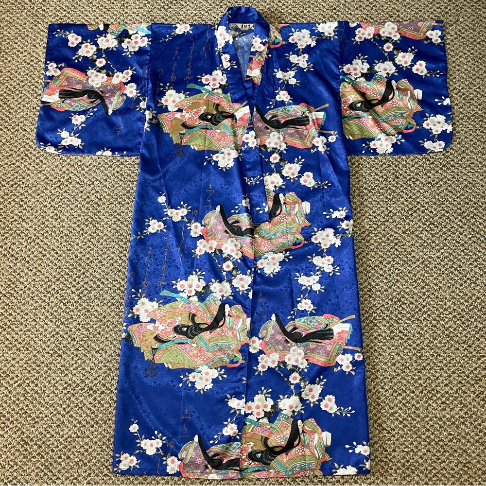 Vintage Juguemm Japanese Geisha & Cherry Blossoms Print Kimono Robe - Blue